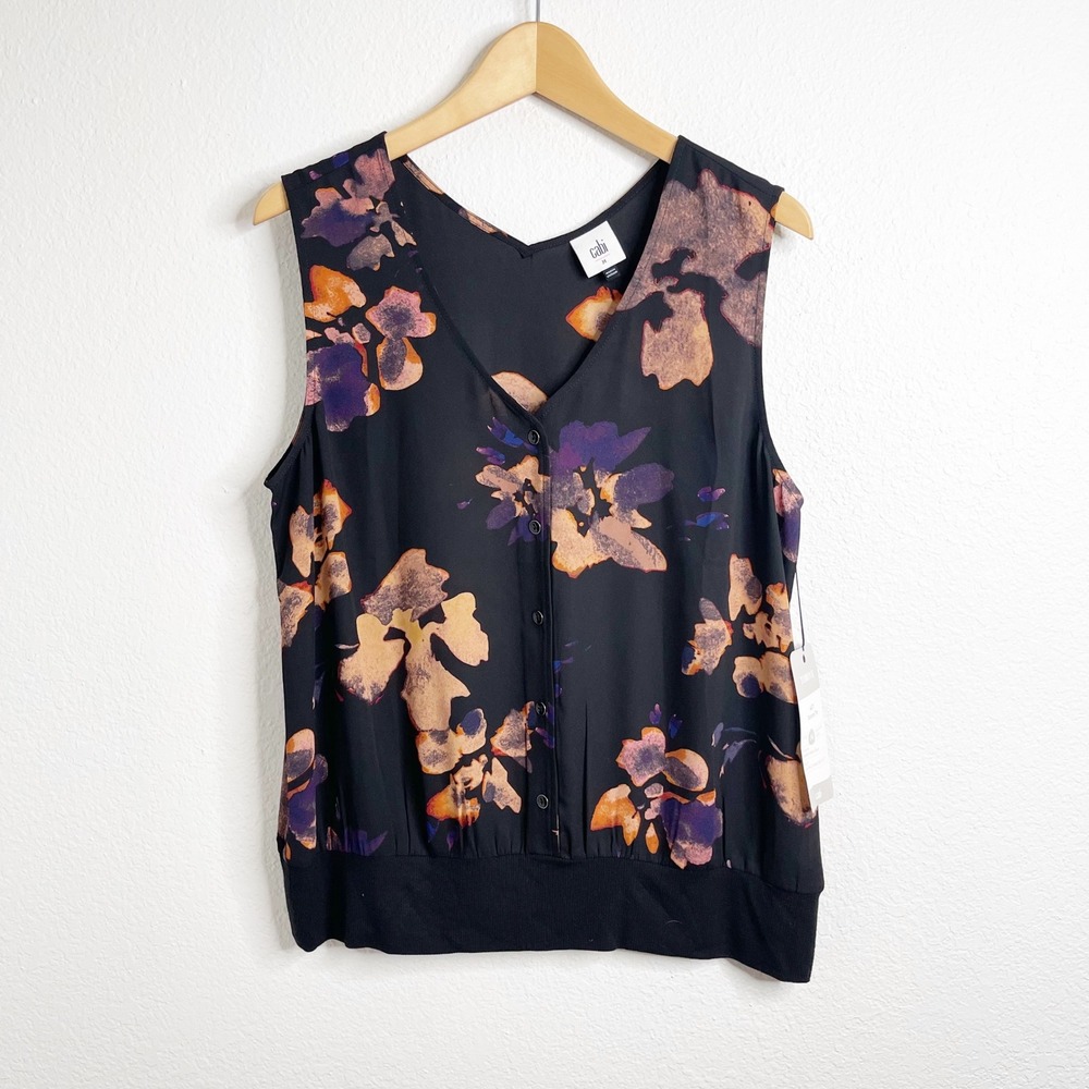 Cabi Autumn Top 4557 Watercolor Floral Black Orange Purple V-Neck Blouse NWT M